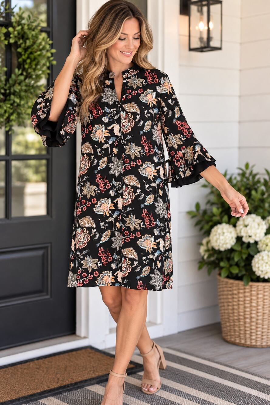 Rabbit Rabbit Rabbit Designs Black Floral Paisley Bell Sleeve Dress Size 14
